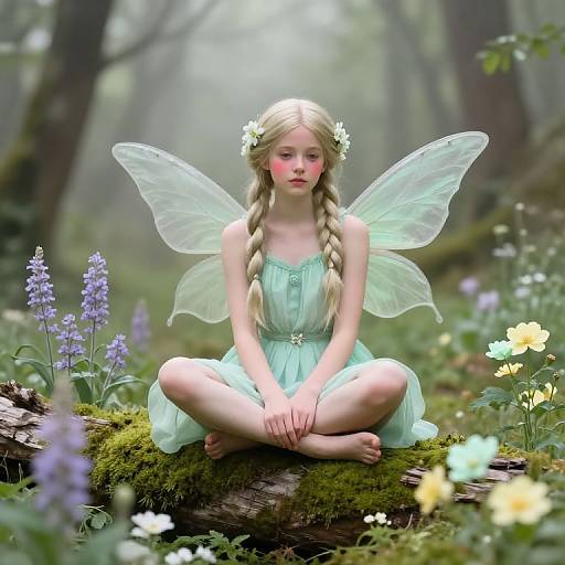 Digital artwork of a fair-skinned, blonde fairy with braided hair, translucent wings, and mint-green dress, sitting cross-legged on mossy log