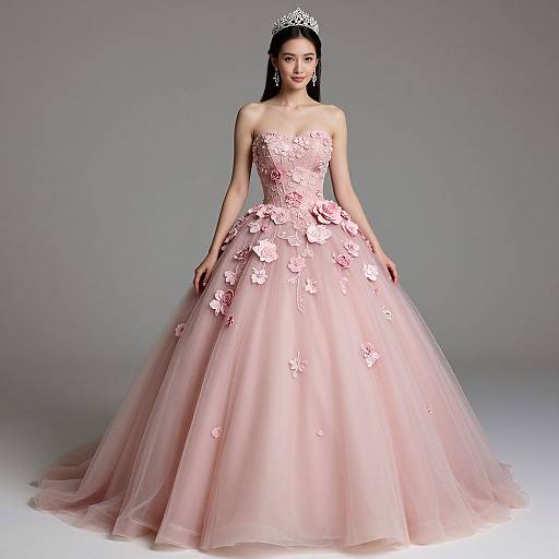 Photograph of a young woman in a strapless, pink, floral-embellished ball gown with a full tulle skirt, wearing a silver