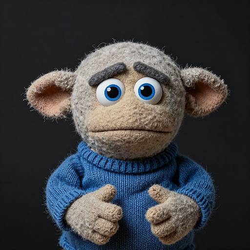 Photograph of a plush monkey puppet with large blue eyes, gray fur, and a blue knitted sweater, set against a black background.