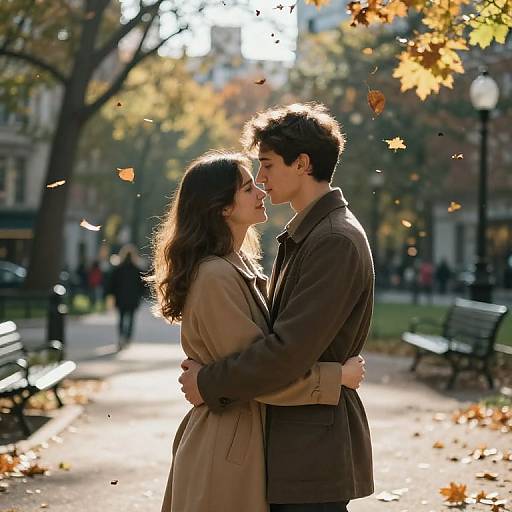 Photograph of a young couple kissing in a sunlit autumn park, surrounded by falling leaves, wearing brown coats, with blurred benches and trees in the