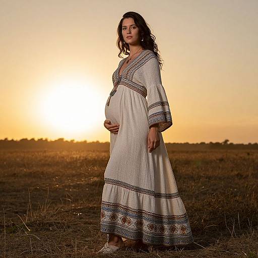 Photograph of a pregnant woman with curly black hair, wearing a white embroidered dress, standing in a field at sunset.