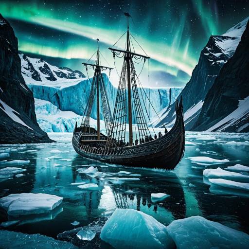 Ancient Viking Ship in Icy Fjord with Aurora Borealis