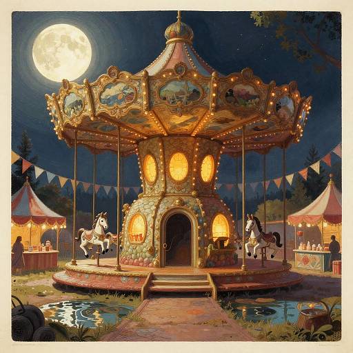 Digital painting of a brightly lit, ornate carousel at night, with glowing moon, two dancing horses, colorful bunting, and nearby circus tents.