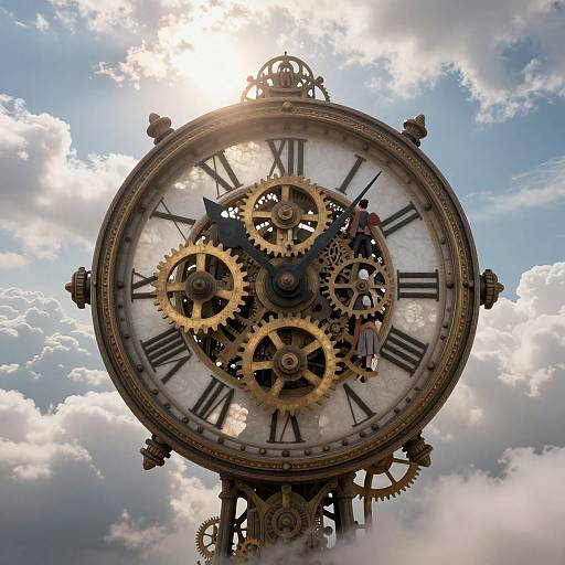 Steampunk clock tower with Roman numerals, intricate gears, and a small figure, set against a bright, cloudy sky.