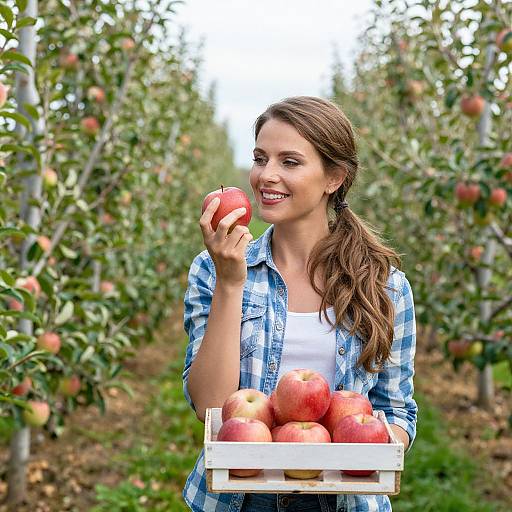 Photograph of a smiling young woman with long brown hair, wearing a blue plaid shirt over a white tank top, holding an apple and carrying a