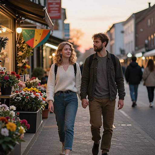 Couple Strolling Through Cozy City Street