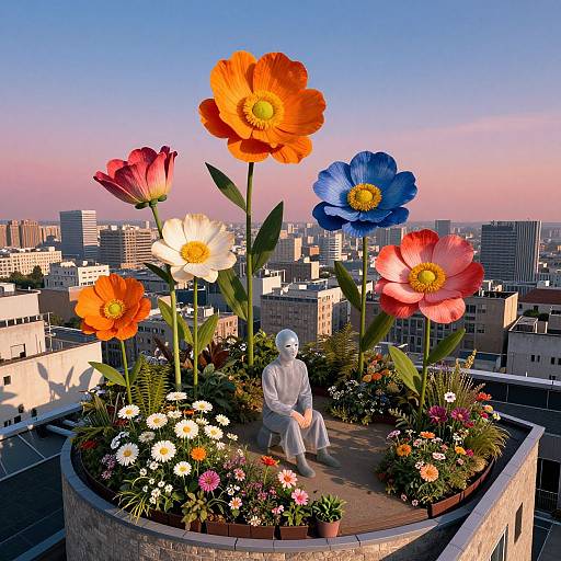 Photograph of a rooftop garden with a statue of a robed figure surrounded by giant colorful flowers and smaller flowers, overlooking a city skyline at sunset.