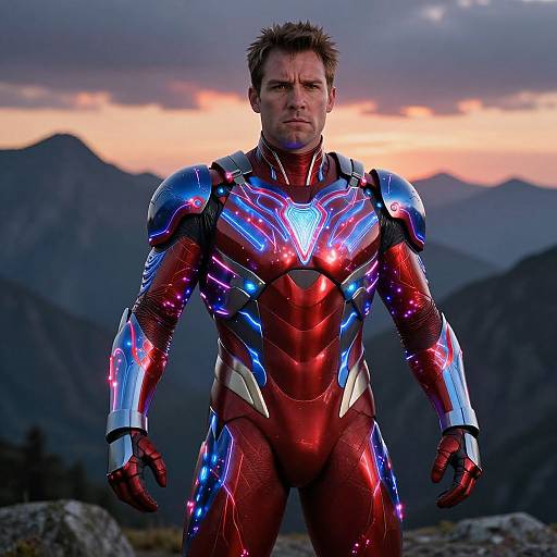 Photograph of a man in a glowing, red and blue metallic Iron Man suit standing against a mountainous sunset background.