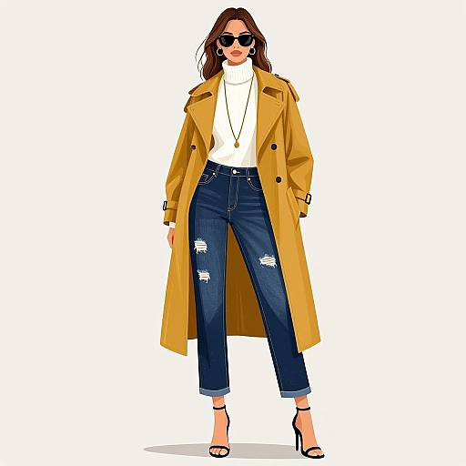 Photograph of a stylish woman with long brown hair, wearing black sunglasses, yellow trench coat, white turtleneck, distressed blue jeans, and black