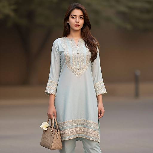 Photograph of a young woman with long dark hair, wearing a light blue embroidered kameez, holding a beige handbag with a white flower,