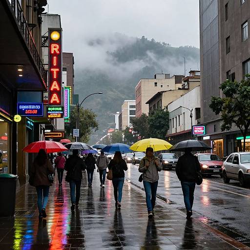 Photograph of a rainy urban street scene with people walking, holding colorful umbrellas, reflecting lights, and neon signs under overcast skies.