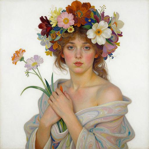 Digital painting of a young, fair-skinned girl with curly brown hair, wearing a colorful flower crown, holding a bouquet, in a pastel,