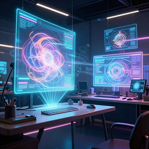 Neon-lit futuristic office with glowing holographic screens displaying swirling blue and pink light patterns on multiple desks, under fluorescent lighting.