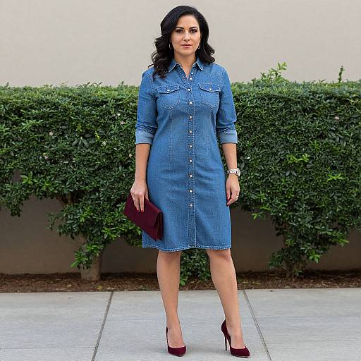 Woman in Denim Shirtdress with Burgundy Accessories