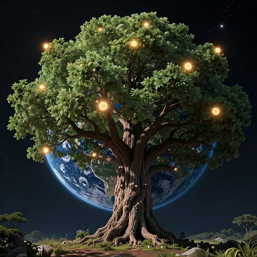 Sentient Tree with Glowing Fruit Orbiting Earth