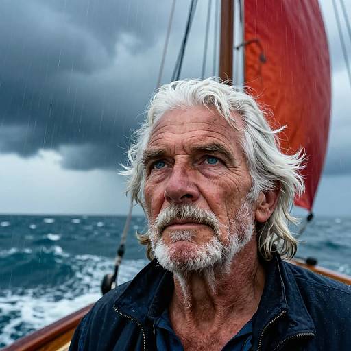 Photograph of an elderly white man with white hair, blue eyes, and a white beard, sailing on a stormy sea with a red sailboat