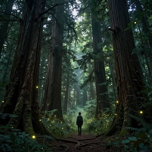 Digital artwork of a lone figure walking down a misty forest path between towering redwoods, surrounded by glowing fireflies.