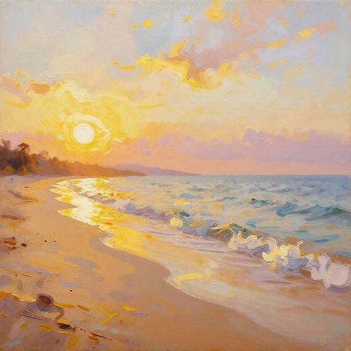 Impressionist-style painting of a beach at sunset, featuring a golden sun, orange and pink sky, gentle waves, and sandy shore.