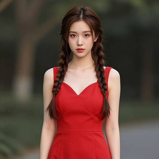 Photorealistic digital image of an East Asian woman with long braided brown hair, wearing a red sleeveless dress, standing outdoors with a blurred green