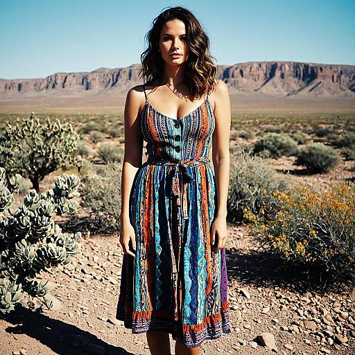 Woman in Colorful Sundress in Desert Landscape
