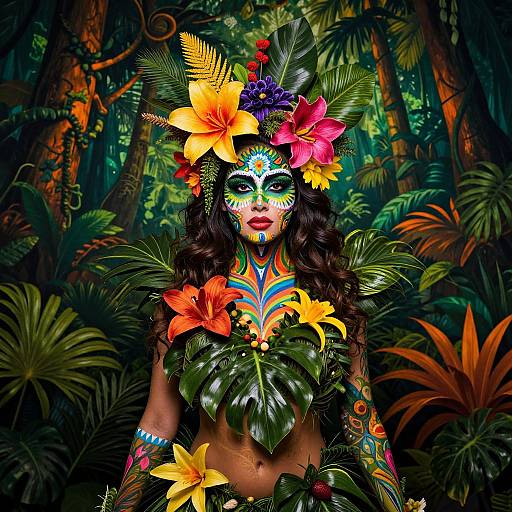 Vibrant digital portrait of a woman in jungle-themed face paint and floral headgear, adorned with large colorful flowers and leaves, standing amidst lush,