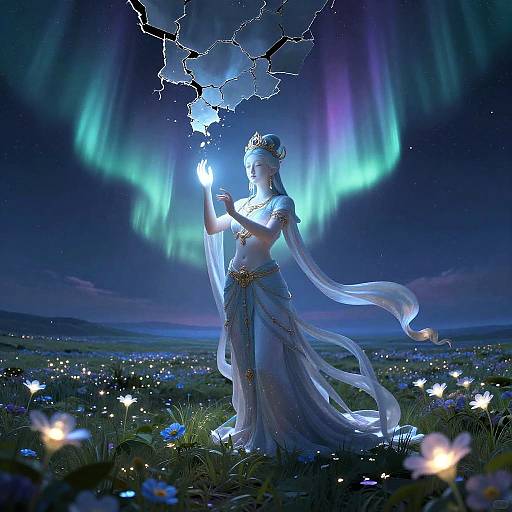 Digital art: Ethereal woman in flowing white dress holds glowing orb, standing in luminous meadow under vibrant blue aurora borealis.