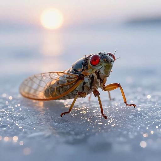 Close-up photograph of a housefly with red compound eyes, translucent wings, and brown legs, standing on a sparkling, frosty surface. Bright sunlight