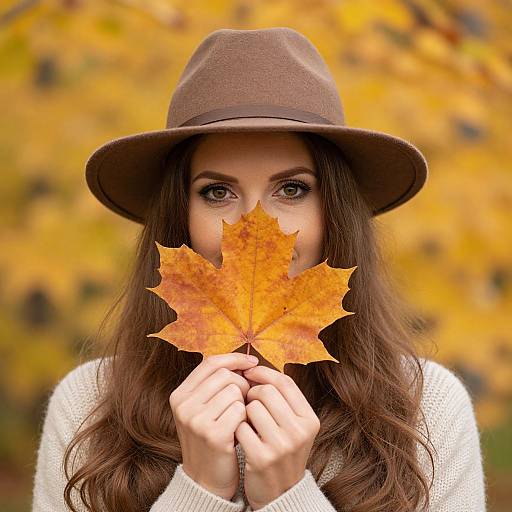 Woman with Fedora Holding Autumn Leaf