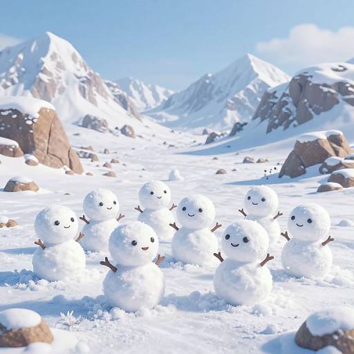 Photograph of a snowy mountain landscape with a group of cheerful, smiling snowmen in the foreground, set against a bright blue sky.