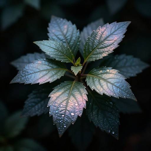 Photograph of glowing, dew-covered leaves with iridescent blue and purple hues, set against a dark, blurred background.