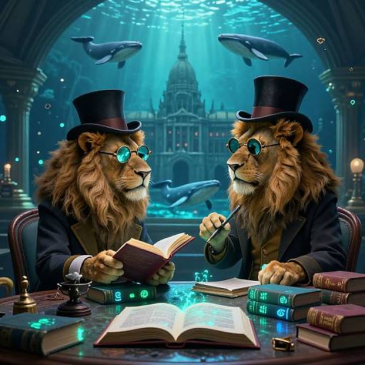 Two anthropomorphic lions in top hats and glasses, underwater, reading books at a glowing, aquatic library with dolphins above.