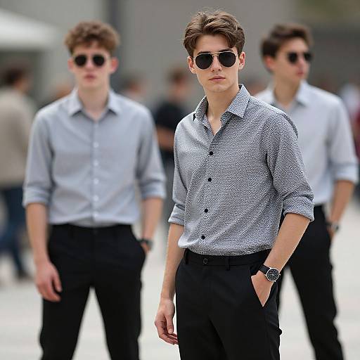 Photograph of three young men in a modern setting, wearing light blue patterned shirts, black pants, and sunglasses, standing confidently.