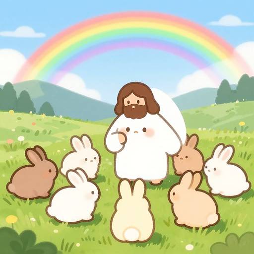 Cartoon image of a bearded Jesus in a white robe, surrounded by five rabbits, under a vibrant rainbow in a green meadow.