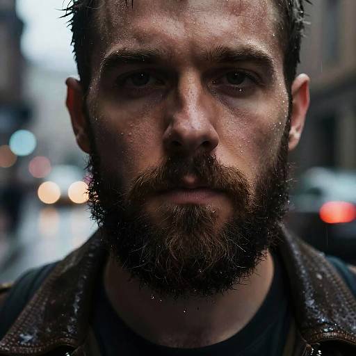 Close-up photograph of a rugged, bearded man with wet hair and beard, wearing a dark jacket, standing in a rainy urban street with blurred city