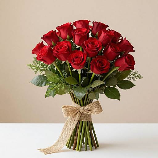 Photograph of a bouquet of vibrant red roses with green foliage, tied with a beige burlap ribbon, set against a plain white and beige background
