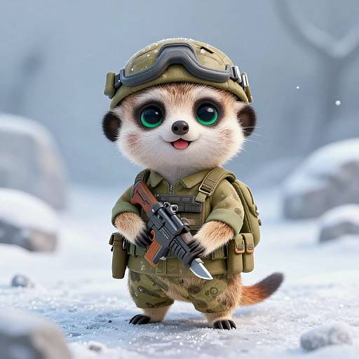 CGI image of a cute, chibi-style meerkat in military gear with a helmet, holding a small rifle in a snowy landscape.