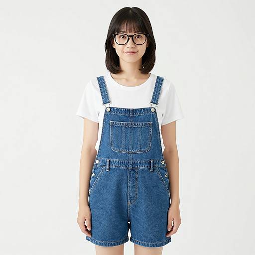 Photograph of a young woman with short black hair, glasses, white t-shirt, and blue denim overalls, standing against a plain white background.