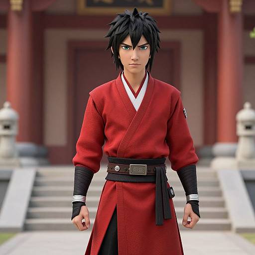 Digital artwork of a stern-faced anime boy with spiky black hair, wearing a red kimono, black wristbands, and a black belt, standing