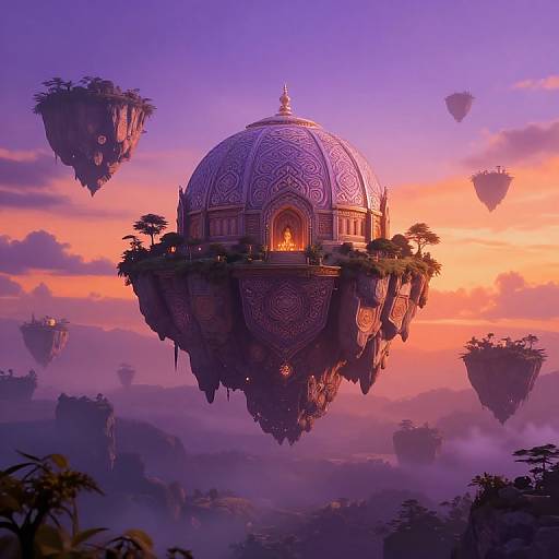 Fantasy CGI: floating purple-domed island with intricate patterns, illuminated by warm light, surrounded by misty floating islands at sunset.