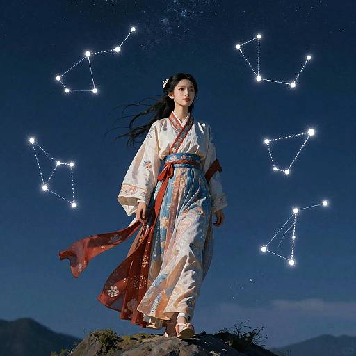 Photograph of a woman in a white, floral kimono with red sash, standing under a starry night sky with constellation patterns. Long black