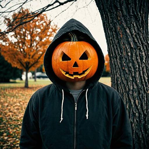 Man Wearing Pumpkin Jack-O'-Lantern Mask in Autumn Park