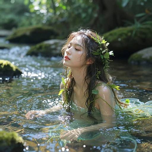 Photograph of a young, fair-skinned woman with wet, brown hair and a green leaf crown, standing in a sunlit, mossy stream