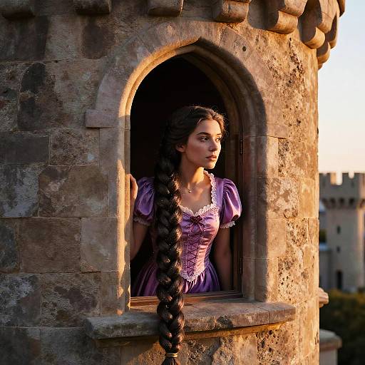 Photograph of a young woman with long braided black hair, wearing a purple dress, peering from a stone castle window at sunset.
