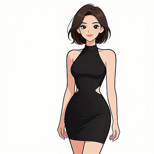 Digital anime-style drawing of a smiling woman with short brown hair, wearing a tight, black, sleeveless halter dress, standing against a white background