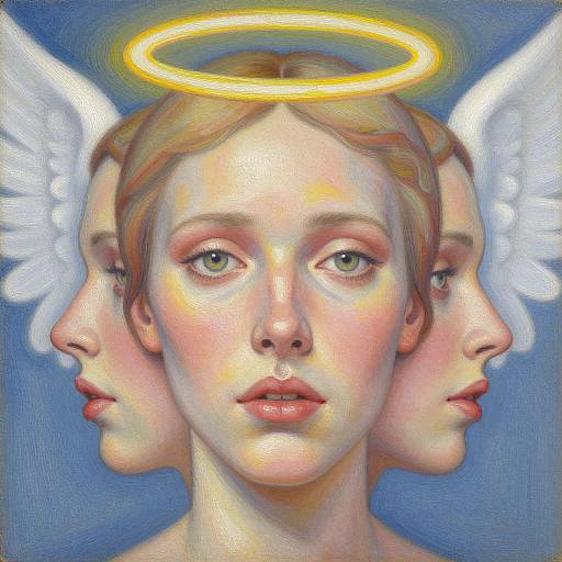 Digital painting of a serene, fair-skinned angel with blue eyes, golden halo, white wings, and three faces, set against a blue background.