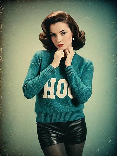 Vintage style woman in teal sweater and leather shorts