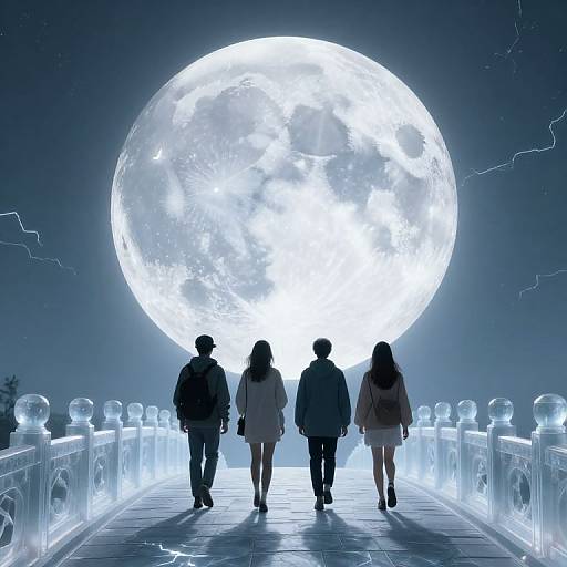 Silhouetted trio walks on glowing bridge towards giant, radiant full moon in night sky; digital artwork with ethereal, luminous effects.