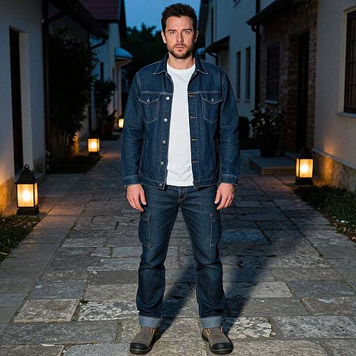 Photograph of a bearded man with short dark hair, wearing a dark denim jacket, white shirt, and jeans, standing on a dimly lit