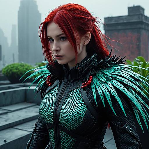 Scarlet-Haired Synthetic Assassin on Foggy Rooftop