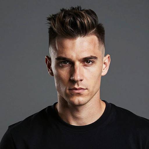 Photograph of a young, handsome man with short, spiked brown hair, fair skin, and intense gaze, wearing a black shirt, against a gray